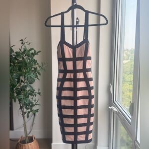 Fashion Nova My Palace Mesh Grid Midi Dress | Black Tan | Size S